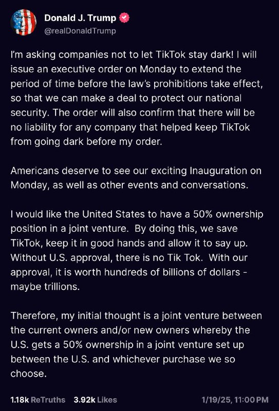 特朗普拟延长TikTok禁令生效期，推动合资企业保护国家安全特朗普将于周一发布行政命令，延长TikTok禁令生效期，以便达成保护国家安全的协议