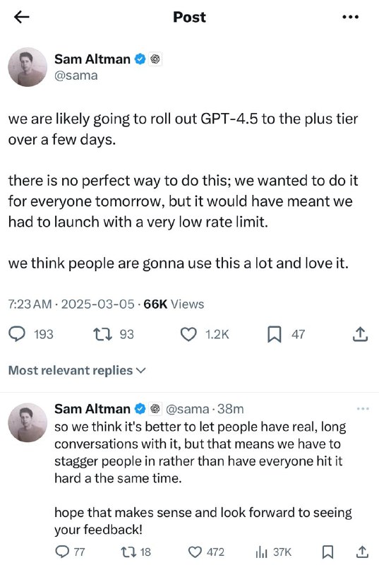 GPT-4.5可能会在未来几天内向高级会员推出Sam Altman📮投稿  ☘️频道  🌸聊天  🗞️𝕏