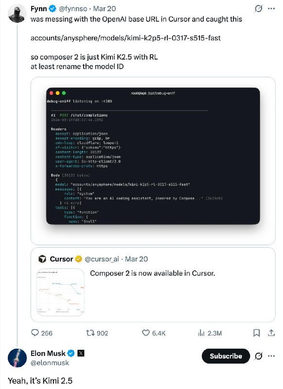 Cursor Composer 2 发布，后承认 Kimi K2.5 为底座模型3 月 19 日 Cursor 发布自研编码模型 Composer 2，主打前沿级编码性能，定价比上代降 86%