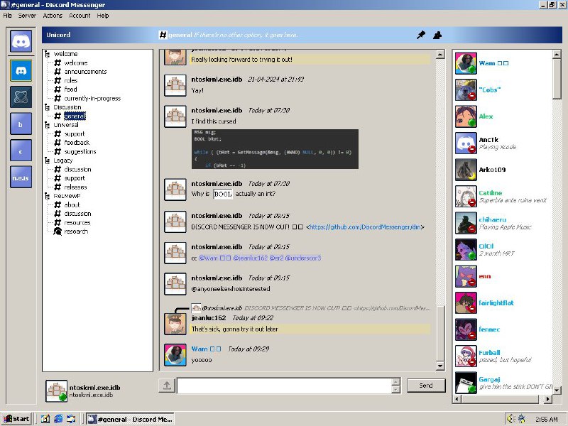 兼容旧Windows的Discord第三方客户端Discord Messenger旨在兼容Windows 2000及以上系统，替代MSN和Yahoo