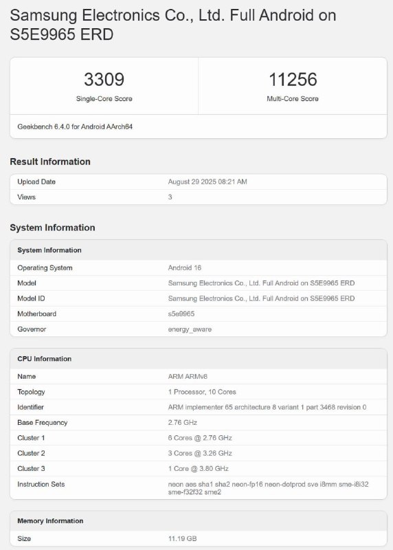 三星 Exynos 2600 芯片跑分大幅提升，接近苹果 M3三星 Exynos 2600 芯片再次在 Geekbench 基准测试中出现，性能相比 7 月首次测试有显著提升