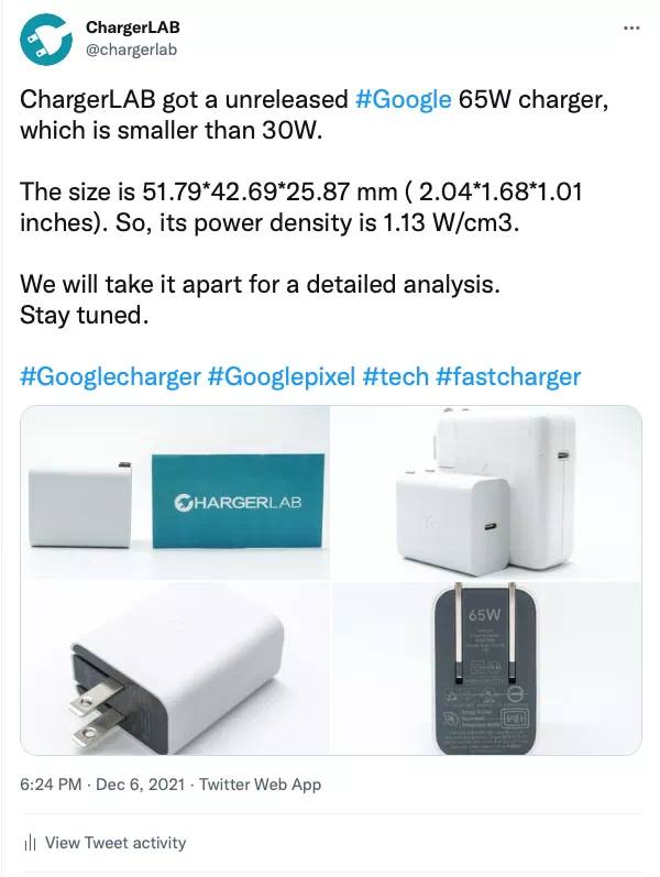 近日，海外充电博主ChargerLAB爆料Google会有一款新的65W PD充电器上市，功率密度达到惊人的1.13W/cm³，支持iPhone、iPad、Macbook使用，并带有PPS功能安卓大功率手机也通吃