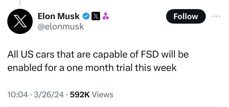 马斯克宣布本周起全美所有具备 FSD 系统的特斯拉车型将获得FSD功能一个月免费试用期X线索：@ZaiHuabot投稿：@TNSubmbot频道：@TestFlightCN