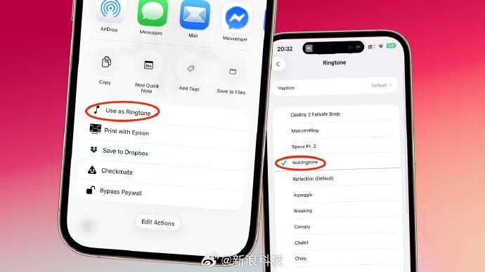  iPhone音频文件能直接设置铃声了苹果在最新发布的 iOS26 中悄悄改进了 iPhone 自定义铃声方式，现在用户可以直接在文件应用中选中音频文件（时长需短于 30 秒），点击“分享”按钮，在分享菜单中可以看到一个名为“设为铃声”的选项（相应选项也可能隐藏在“更多”按钮中）