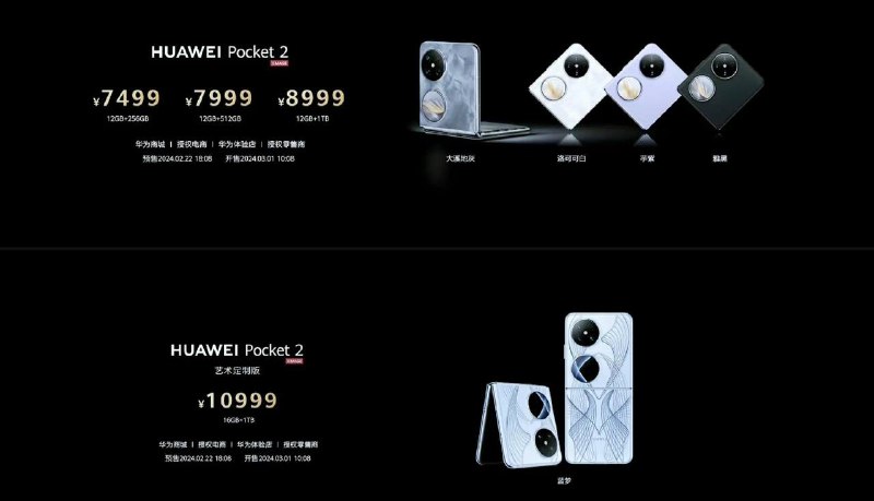 华为发布华为Pocket 2小折叠屏华为发布华为Pocket 2小折叠屏，搭载了麒麟 9000S，采用玄武水滴铰链，屏幕为6.94英寸2690*1136 120HZ OLED，小圆屏支持1-60Hz LTPO，影像包括50MP OIS主摄+12MP超广角微距+8MP OIS直立长焦＋超光谱摄像头，配备4520mAh电池+66W 有线充电+40W无线充电，支持双向北斗卫星消息、IPX8、厚 7.35mm，重199g