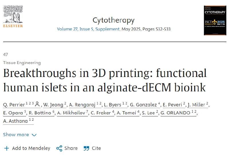 科学家成功3D打印人体胰岛细胞，为1型糖尿病治疗带来突破国际科学家团队在2025年ESOT大会上发布重大研究成果，成功使用新型生物墨水3D打印出功能性人体胰岛细胞