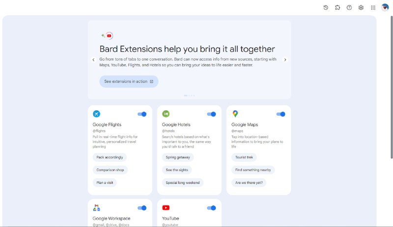 Google Bard 2023.09.19更新了：- 模型能力改进- 可以从其他 Google 服务里获取信息（如地图、YouTube）、处理内容（如 Gmail、Docs、Drive）- 可以使用 Google 搜索验证 Bard 输出的结果（对话底部有G的图标点击，可以验证，目前仅支持英语回复）- 可以从他人分享的对话继续- 将丰富的功能拓展到所有已经支持的语言来源：