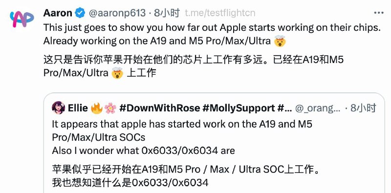 Apple 疑似已经正在测试A19和M5 Pro/Max/Ultra参考 Apple CPU ID投稿：@ZaiHuaBot频道：@TestFlightCNApple 疑似已经正在测试A19和M5 Pro/Max/Ultra参考 Apple CPU ID投稿：@ZaiHuaBot频道：@TestFlightCN
