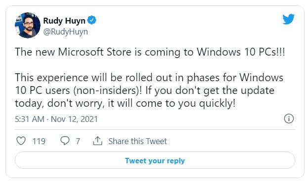 微软商店的首席架构师 RudyHuyn 宣布，新的微软商店已经开始向普通 Windows 10 用户分批推出