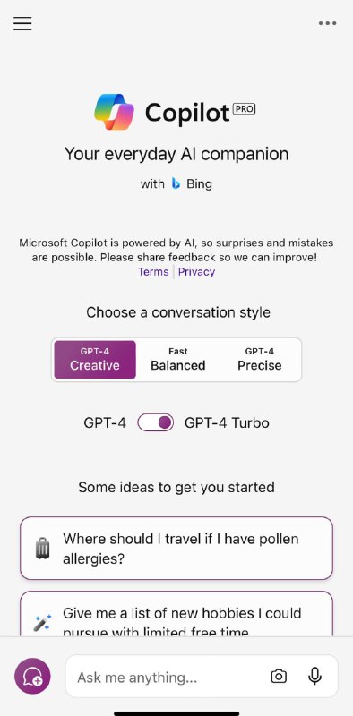 Copilot Pro 已在 Copilot iOS 和 Android 应用程序中启用