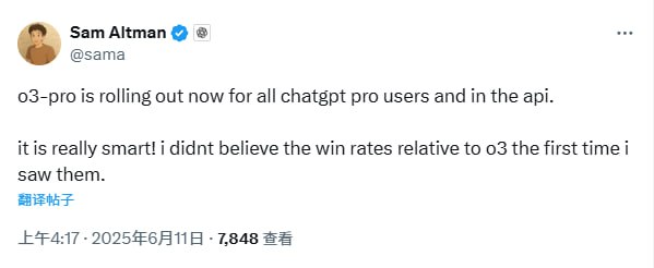 o3-pro 现已向所有 ChatGPT Pro 用户推出，并在 API 中上线O3 用量给 Plus 订户翻倍到 200 次/周Sam Altman | API📮投稿  ☘️频道o3-pro 现已向所有 ChatGPT Pro 用户推出，并在 API 中上线O3 用量给 Plus 订户翻倍到 200 次/周Sam Altman | API📮投稿  ☘️频道