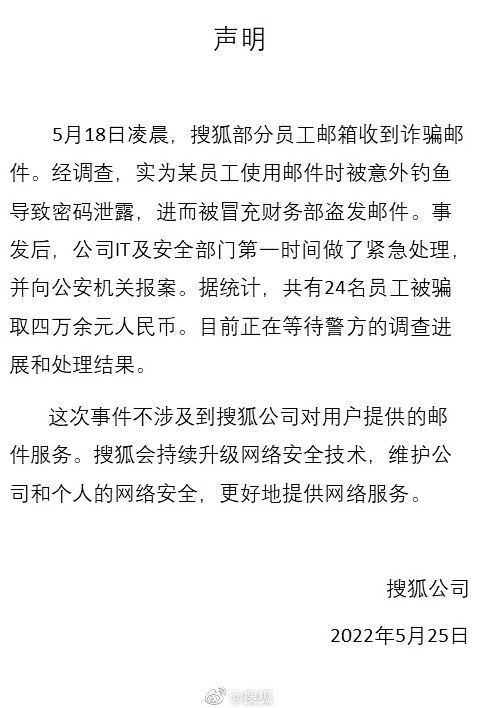 搜狐回应24名员工被骗4万余元：一员工被钓鱼导致密码泄露5月25日消息，今日下午，@搜狐官微发布声明，针对搜狐全体员工遭遇工资补助诈骗一事进行了回应