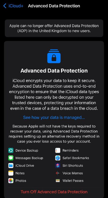 苹果因英国政府要求移除iCloud高级数据保护功能苹果公司将为英国地区的iCloud用户移除“高级数据保护”（ADP）功能