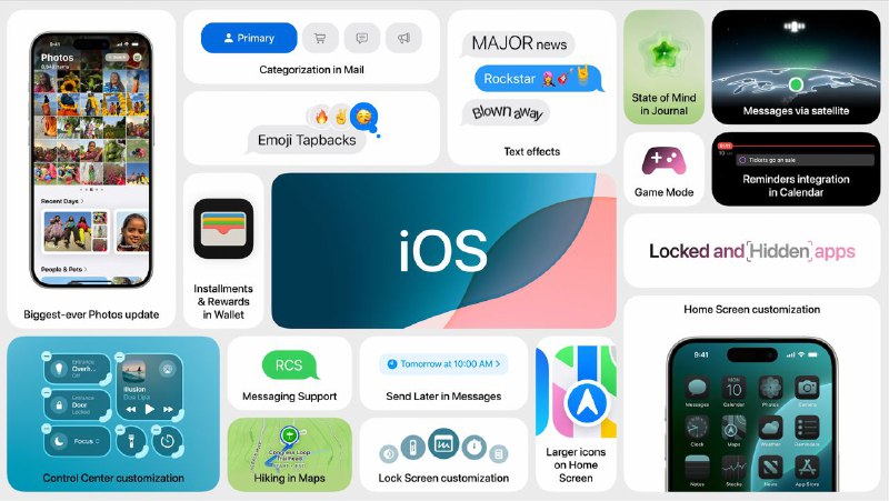 Apple推出iOS 18·深色模式可以改变图标的颜色，同时也允许用户自定义图标的颜色；·控制中心允许用户自定义按钮和大小并支持多个页面；·锁屏首页的闪光灯和相机按钮支持自定义了；·允许锁定或隐藏App；·iMessage新增文本加粗、下划线和斜体的功能和新的文本效果；·邮件App支持邮件分类和合并连续阅读同类型邮件；·新增游戏模式；·对照片App进行了全新设计