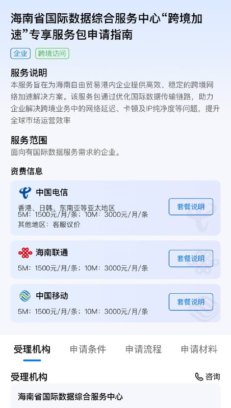 海南国际数据综合服务上线跨境专线业务分为三类，分别是跨境专线通、跨境加速、环球畅连