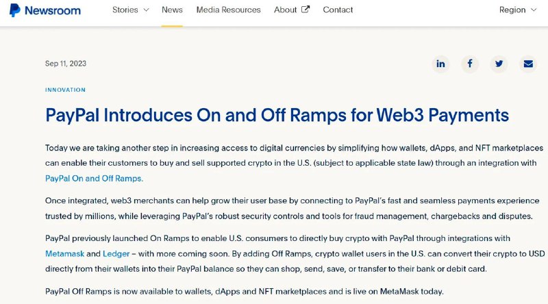 PayPal推出加密货币兑换美元服务PayPal宣布已经整合了On Ramps，使美国消费者可以通过Metamask和Ledger钱包直接使用PayPal购买加密货币