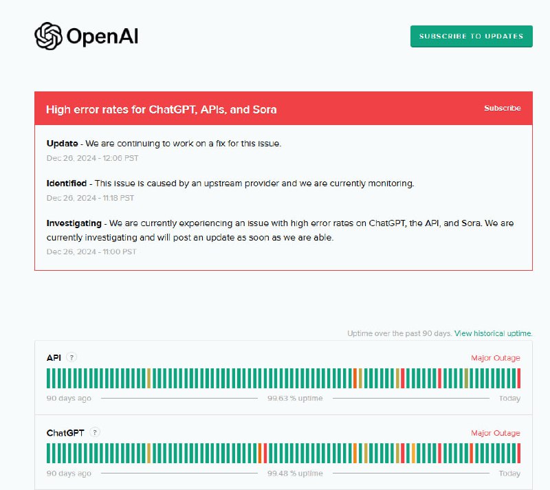 OpenAI崩了，你们的还能用吗？OpenAI statusOpenAI 称此问题是由上游提供商引起的，正在解决已恢复📮投稿  ☘️频道  🌸聊天