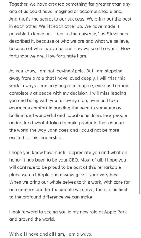 库克卸任苹果 CEO 发全员信，称不会离开公司卸任苹果 CEO 的最后一天，蒂姆·库克向员工发送最终备忘录