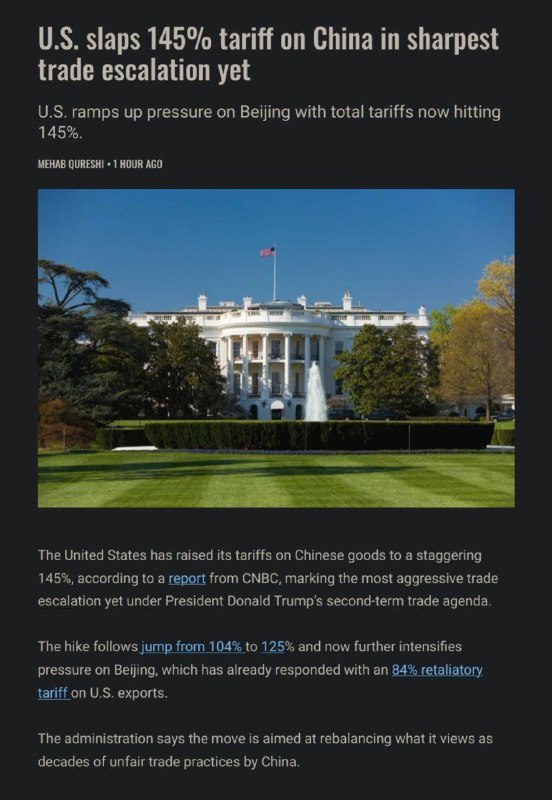 白宫宣布，美国对中国关税加至145%CNBC | Bloomberg 📮投稿  ☘️频道  🌸聊天