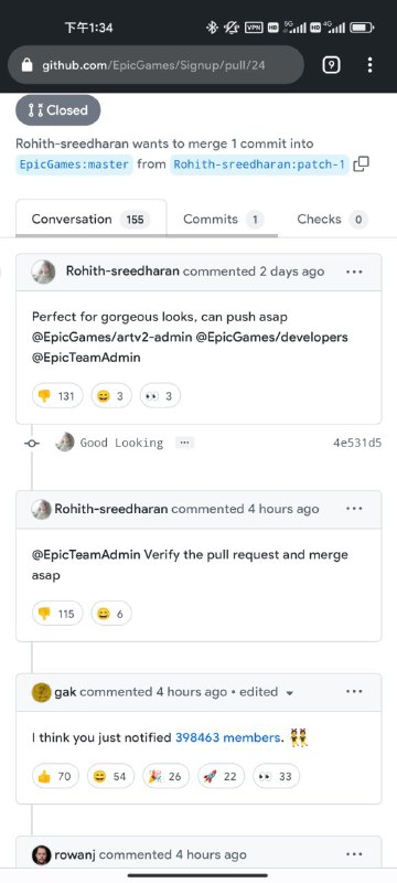 Github 的 EpicGames Team，有人发了个PR，@了组织里所有40万人