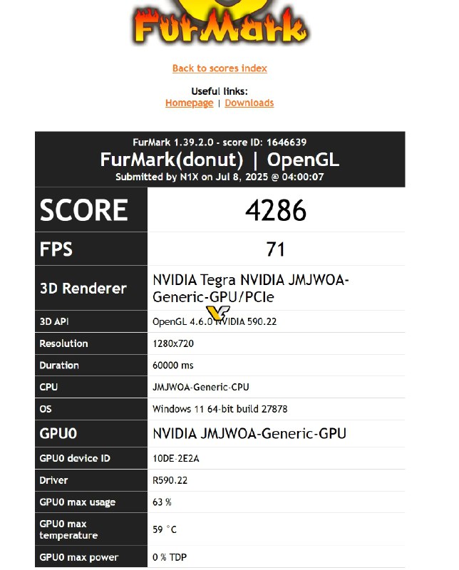 英伟达 N1X 桌面 SoC 曝光，搭载全新 590 系列驱动英伟达代号为 JMJWOA 的 N1X 桌面级 SoC 近日现身于 Furmark 跑分数据库