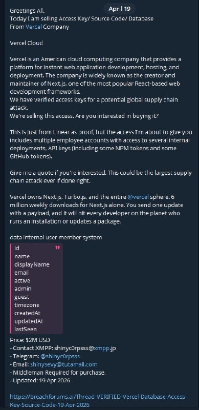 Vercel 内部系统遭黑客入侵，核心源码及敏感令牌被公开出售云托管平台 Vercel 确认内部系统遭遇未经授权访问，黑客组织 ShinyHunters 声称已获取其核心源代码及数据库访问权限