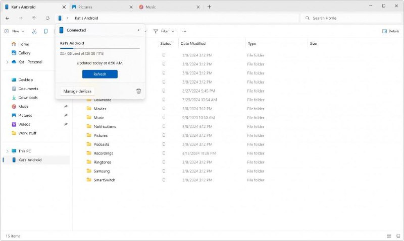 Windows测试无线管理安卓手机上的文件微软邀请所有 Windows Insider 项目成员，在新版文件管理器中测试无线访问安卓手机文件的功能，用户可以无线浏览安卓手机系统中的所有文件目录，并支持打开、双向拷贝、重命名、移动和删除操作