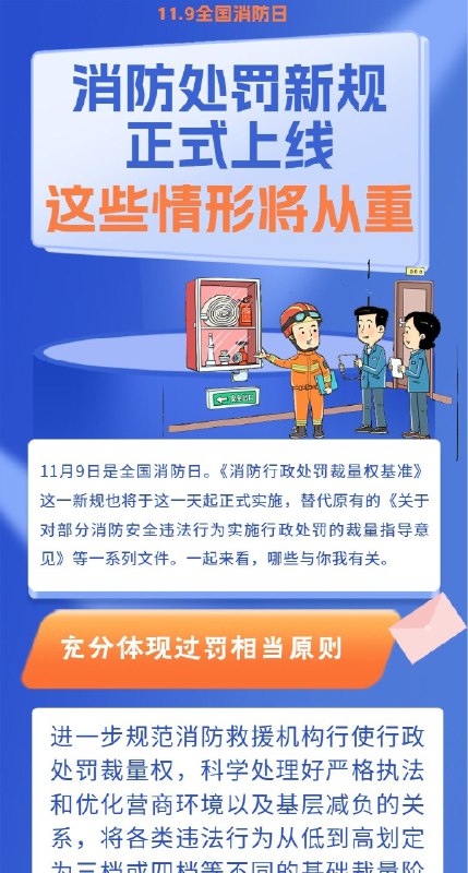 《消防行政处罚裁量权基准》正式实施 六类行为将从重处罚11月9日全国消防日，《消防行政处罚裁量权基准》正式施行，全面替代旧版处罚指导文件