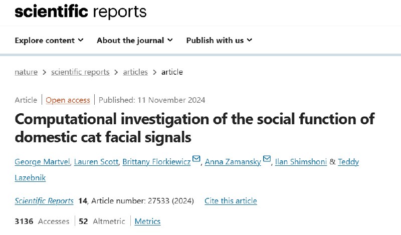 猫咪也会模仿同伴的面部表情来促进社交关系近日，《Scientific Reports》发表的一项研究首次证实，家猫（Felis catus）在社交互动中存在快速面部模仿（Rapid Facial Mimicry, RFM）现象，尤其在亲和性互动（如玩耍、互相蹭鼻、并肩休息）中更为常见