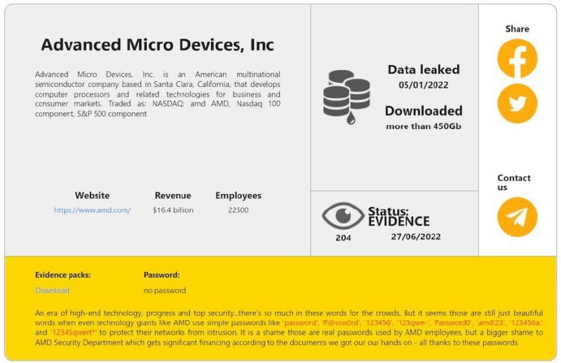 上月底 RansomHouse 表示，黑客从 AMD 服务器上盗取了 450Gb 的数据