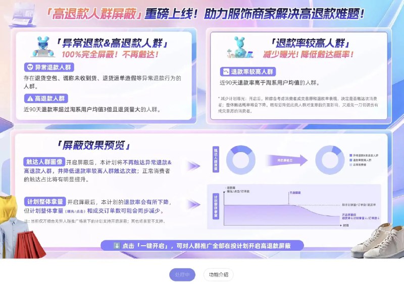 淘宝服饰类商家可测试屏蔽高退款人群淘宝 App 正在测试一项名为“高退款人群屏蔽功能”的新推广设置，允许商家在投放广告时屏蔽高退款率用户，以优化投放效果