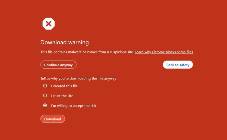 Chrome下载功能现在检测到恶意软件时会全屏红色弹窗提醒用户不要下载现在谷歌正在金丝雀版中测试新的全屏红色弹窗提醒，这个 提醒类似于碰到钓鱼网站和恶意网站，通过全屏界面提醒用户这是恶意文件不要再继续下载