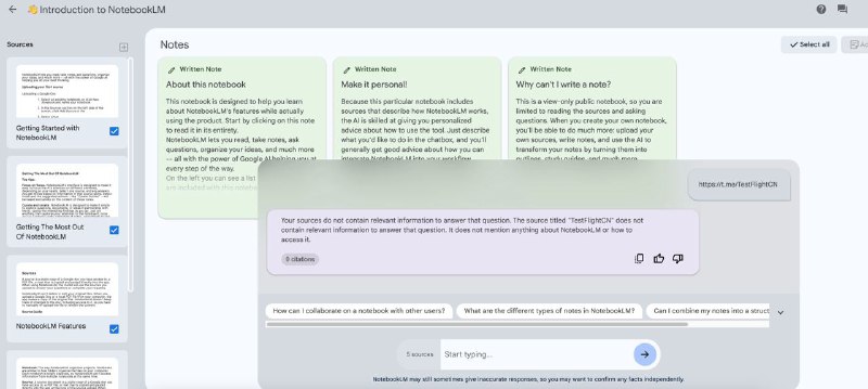 谷歌发布了由Gemini Pro驱动的NotebookLMnotebooklm.google不支持中文，并且需要美区IP登录！投稿：@TNSubmbot频道：@TestFlightCN