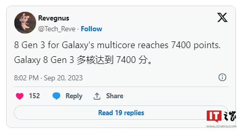 Twitter 用户 Revegnus 爆料，骁龙 8 Gen 3 for Galaxy 在 Geekbench 6 的多核测试中获得了 7,400 分