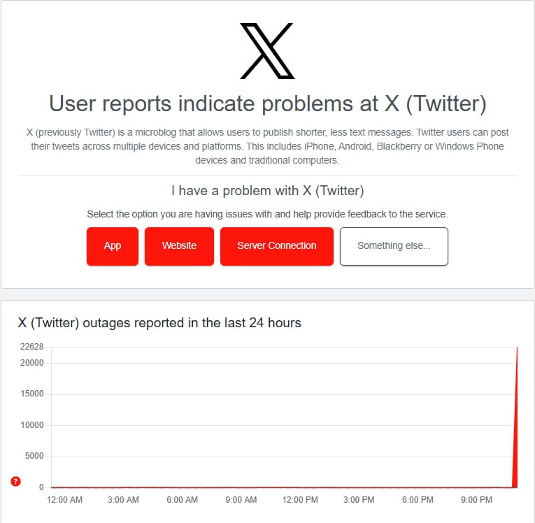 𝕏 又双叒叕挂了Downdetector23:36 更新：已基本恢复🍀在花频道  🍵茶馆聊天  📮投稿