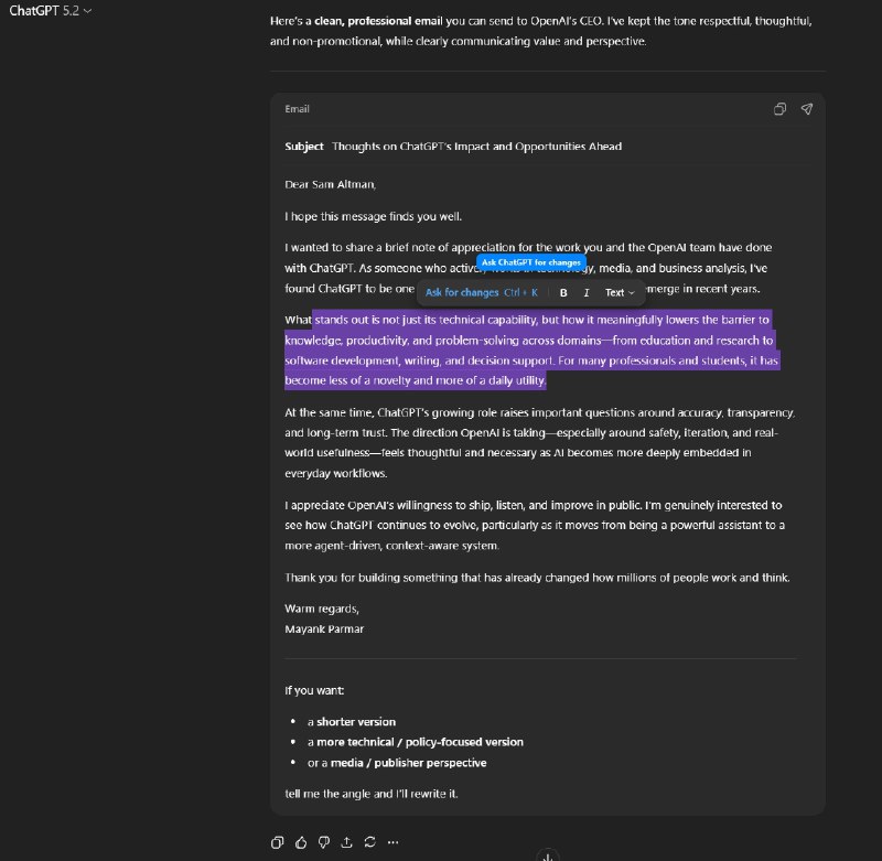  ChatGPT 推出格式化块功能，UI 适配邮件及文档编辑场景OpenAI 近期推出“格式化块”（formatting blocks）功能，旨在根据任务类型自动调整 ChatGPT 的用户界面