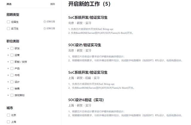消息称字节跳动大量招聘芯片工程师，或准备自研芯片据《科创板日报》报道，字节跳动正在大量招聘芯片相关的工程师，如 SoC 和 Core 的前端设计，模型性能分析，验证，底层软件和驱动开发，低功耗设计、芯片安全等