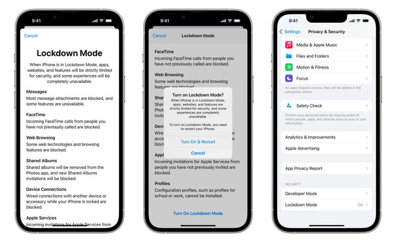 Apple 宣布iOS 16新锁定模式，具有“极致”安全级别苹果表示，启用后，锁定模式通过严格限制或禁用功能、应用和网站的功能，提供了“极端”的安全级别