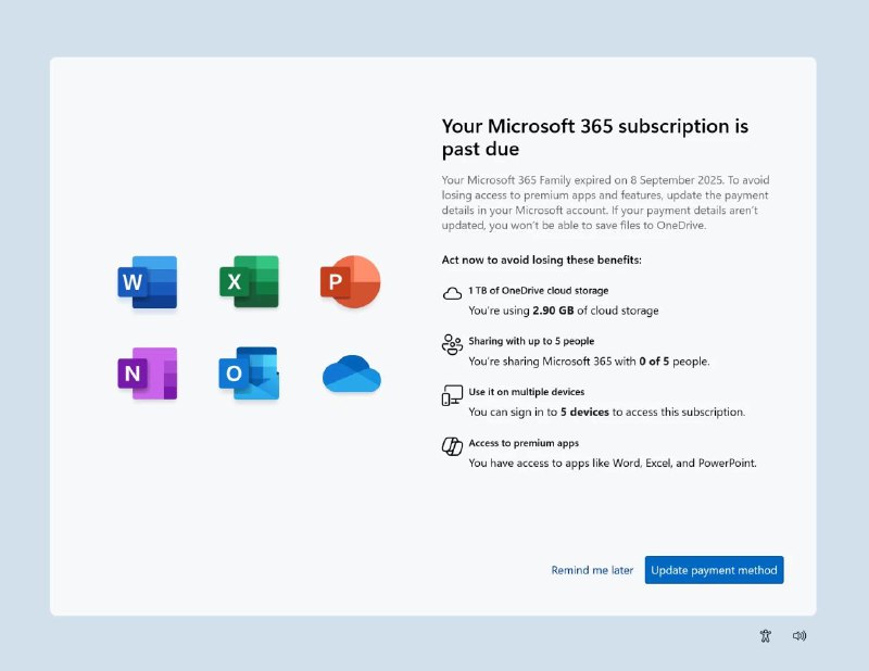  微软测试Windows 11全屏Microsoft 365续费提醒微软在最新的Windows 11预览版中测试一项新功能，当用户的Microsoft 365订阅即将到期或续费失败时，系统启动时会显示全屏提醒界面