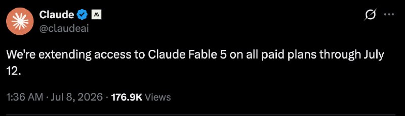  Anthropic 将所有付费套餐的 Fable 5 的访问期限延长至 7 月 12 日X🌸 在花频道 · 茶馆水群 · 投稿通道
