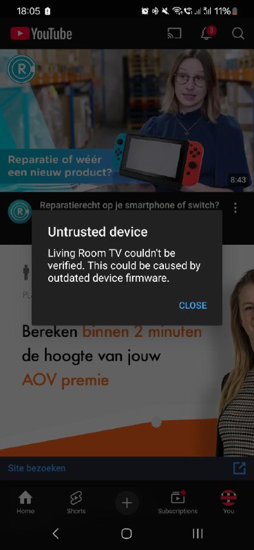 部分Chromecast出现“不受信任设备”错误据报道，第二代Chromecasts和音乐流媒体Chromecast Audio设备出现故障，并在试图投屏的设备上显示错误，这似乎暗示这些流媒体设备可能不再受支持