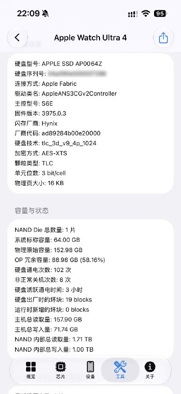  Watch S12、Ultra 4 被指 128G 硬盘仅开放 64 GB博主拆解 Apple Watch Series 12 和  Apple Watch Ultra 4 时发现，设备使用海力士 TLC NAND，裸 Die 容量为 152.98 GB，但实际提供给用户的仅 64 GB