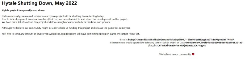 Minecraft知名游戏服务器Hypixel于2022年5月3日12时前后被黑，其团队关联游戏Hytale网站被恶意篡改为一个带有加密货币钱包的页面，目前官网(hypixel.net和hytale.com)已经暂时恢复正常，官方推特正在跟进相关信息，并建议玩家暂时不要登入服务器