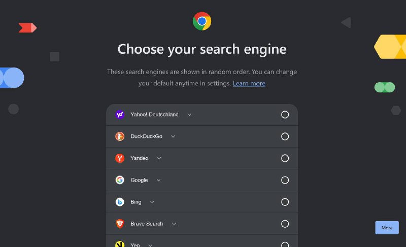 Chrome 将引导欧洲用户自选默认搜索引擎据谷歌面向企业和教育用户发布的更新说明  从已于12 月 6 日发布的 Chrome 120 开始，位于欧盟和欧洲经济区的用户将陆续看到选择默认搜索引擎的提示