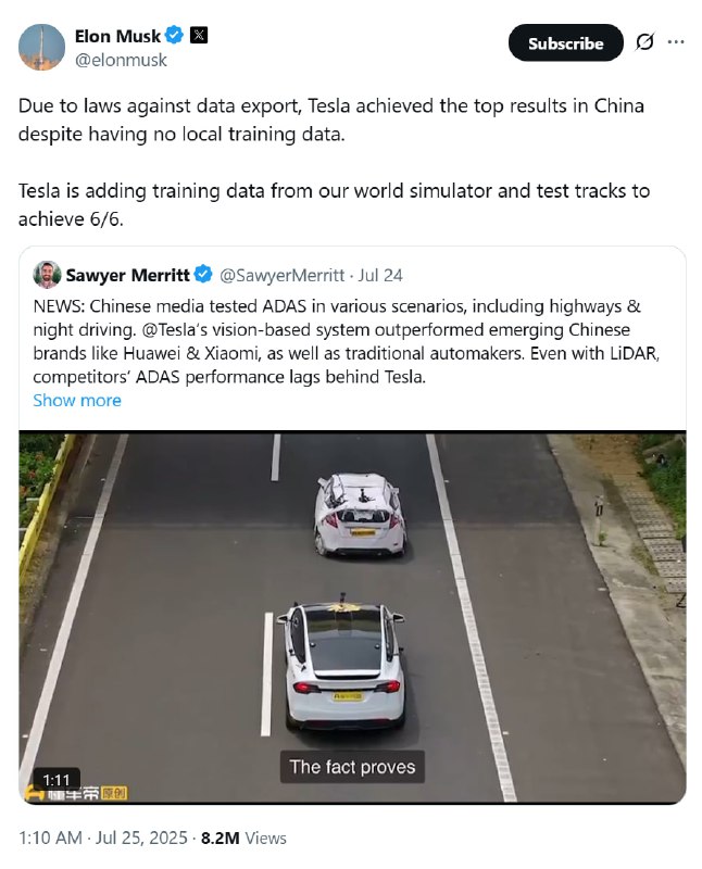 马斯克赞特斯拉中国测试成绩：无本地数据仍居首埃隆·马斯克在 X 上转发了电动汽车分析师索耶·梅瑞特分享的懂车帝高速测试结果，指出特斯拉在中国高速测试中，在缺乏本地训练数据的情况下，仍取得最高成绩