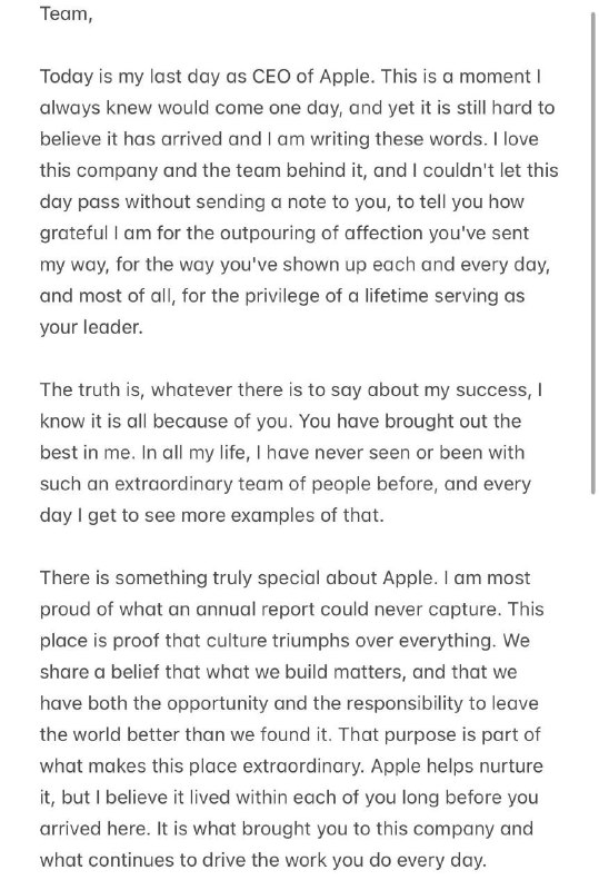  库克卸任苹果 CEO 发全员信，称不会离开公司卸任苹果 CEO 的最后一天，蒂姆·库克向员工发送最终备忘录