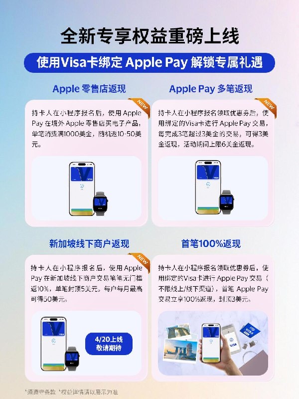 Visa 绑定 Apple Pay 重磅权益上新使用 Visa 卡绑定 Apple Pay 解锁专属礼遇上新，包括境外 Apple 零售店返现（随机 10-50 美元）、Apple Pay 多笔返现（上限 6 美元）、新加坡线下商户返现 10%、首笔 100% 返现（封顶 3 美元）、公共交通 100% 返现（每季度 15 美元）、精选商户至高 10% 返现、香港线下商户返现和港澳机场消费 Visa 豪礼双送