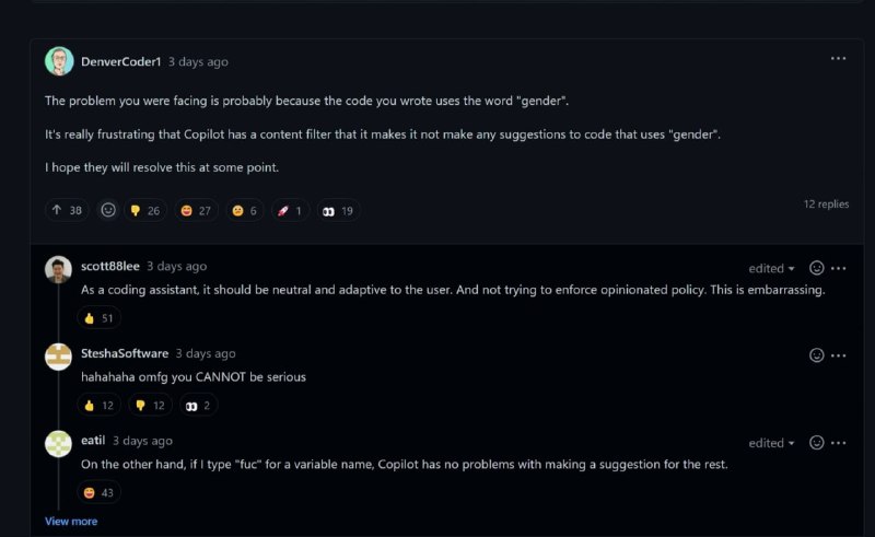 Github Copilot 被曝出设置敏感词汇提出讨论的 Copilot 用户 Hugo REY 说道：“我这阵子在用 Copilot，挺好用的，但不知道为啥老是用 2 分钟它就不再给出代码建议了