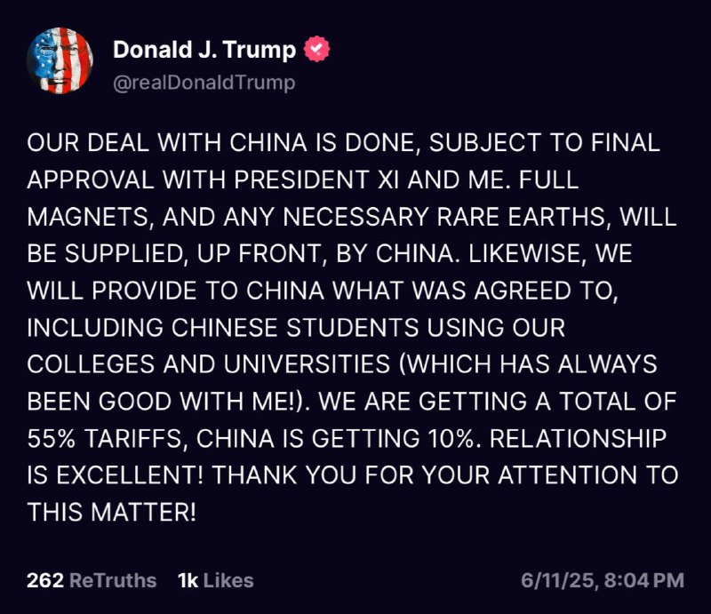 中美就稀土供应与教育交流达成初步协议特朗普在个人社交媒体透露已与中国就稀土及磁材供应达成初步协议，待两国元首最终签署生效