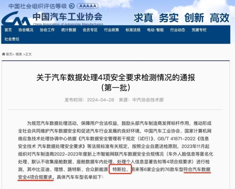 特斯拉通过国家汽车数据安全要求，各地已陆续解除禁停禁行4月28日，中国汽车工业协会、国家计算机网络应急技术处理协调中心发布《关于汽车数据处理4项安全要求检测情况的通报（第一批）》